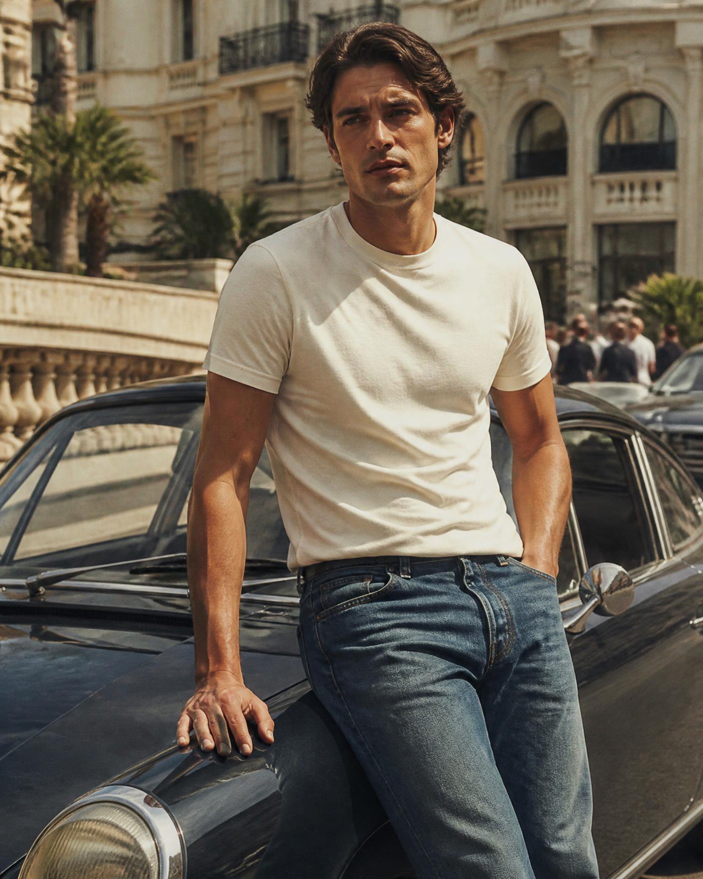 Man in cream heavyweight cotton tee and denim beside a classic car in Monaco