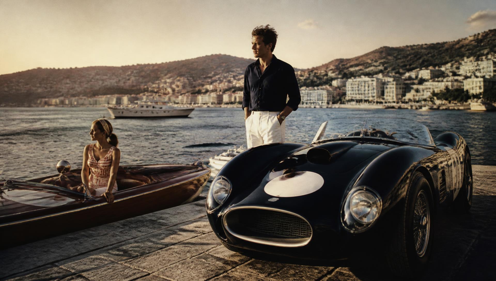 Vintage racing car and wooden runabout on the Côte d'Azur at golden hour