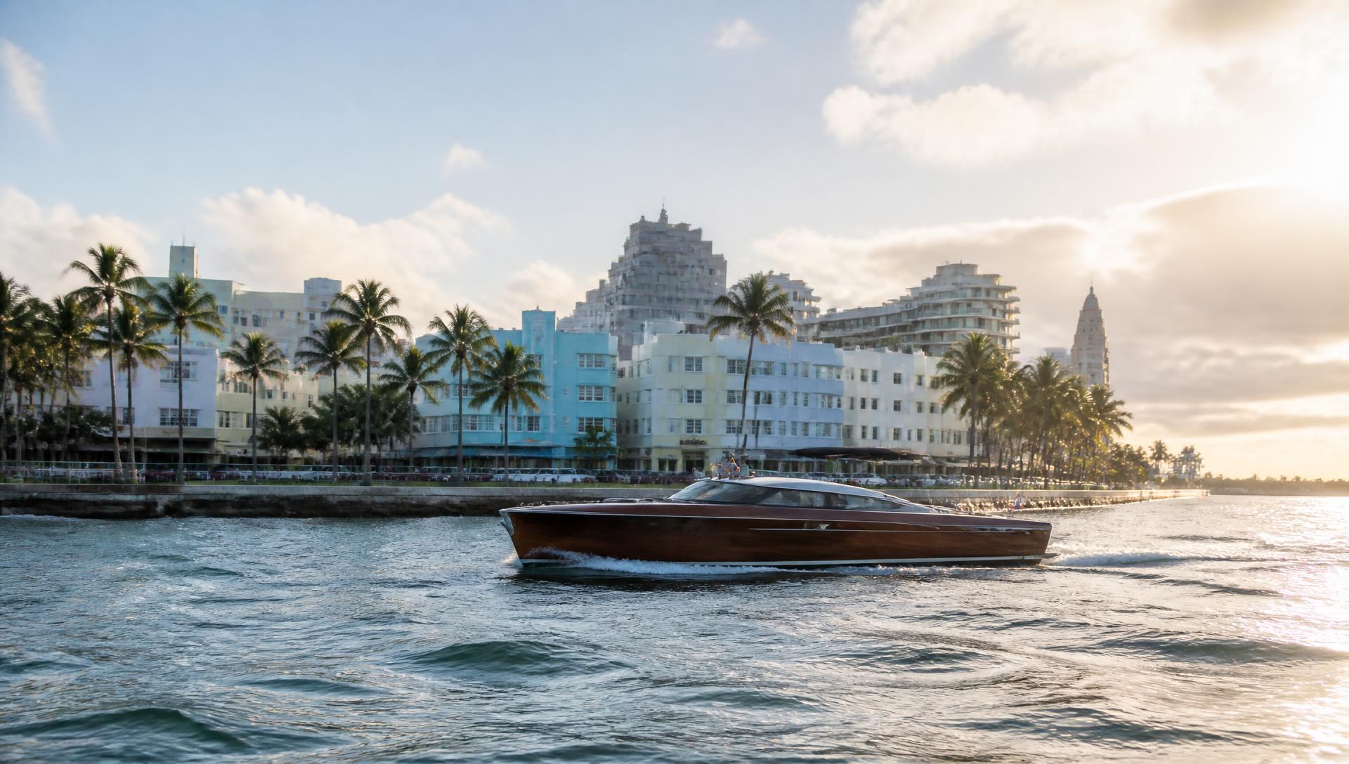 Pastel deco facades and palms along the Miami bay front in afternoon light