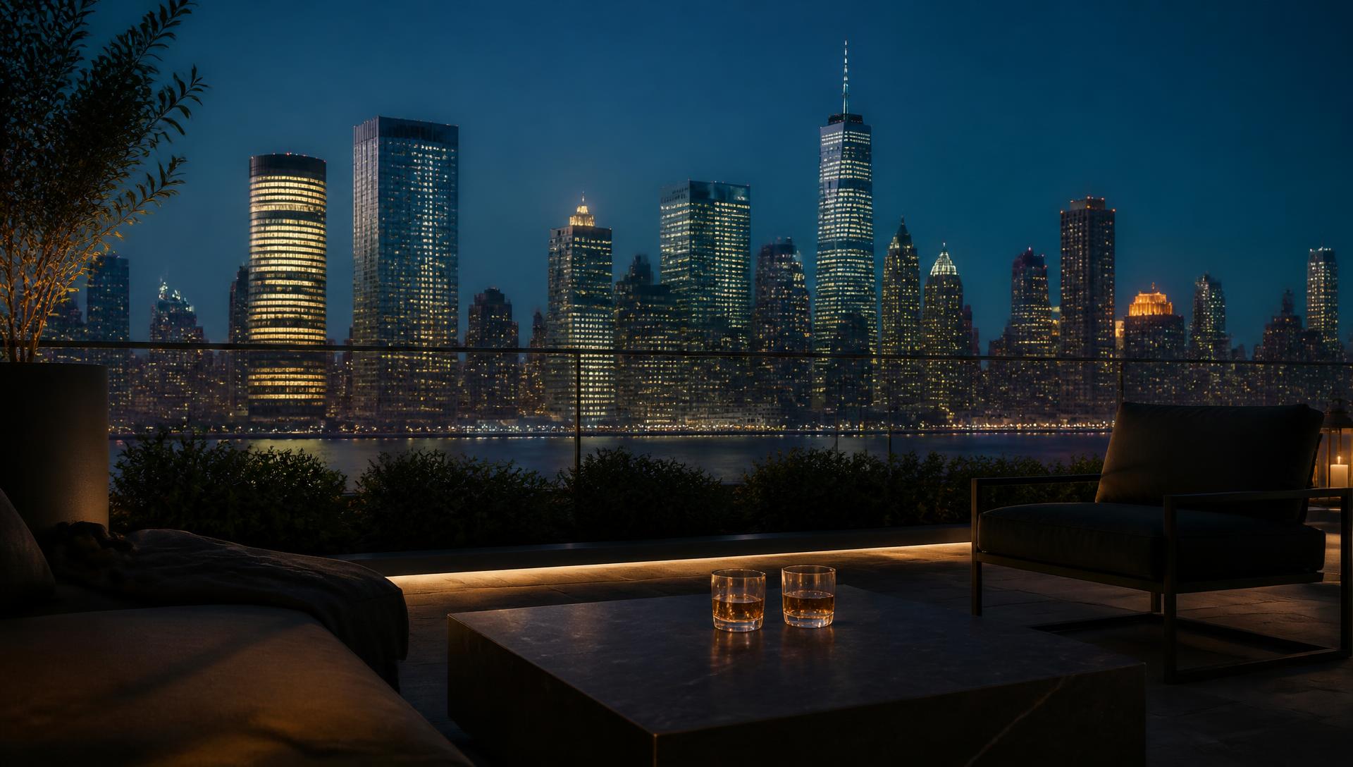 Manhattan skyline at dusk seen from a rooftop terrace