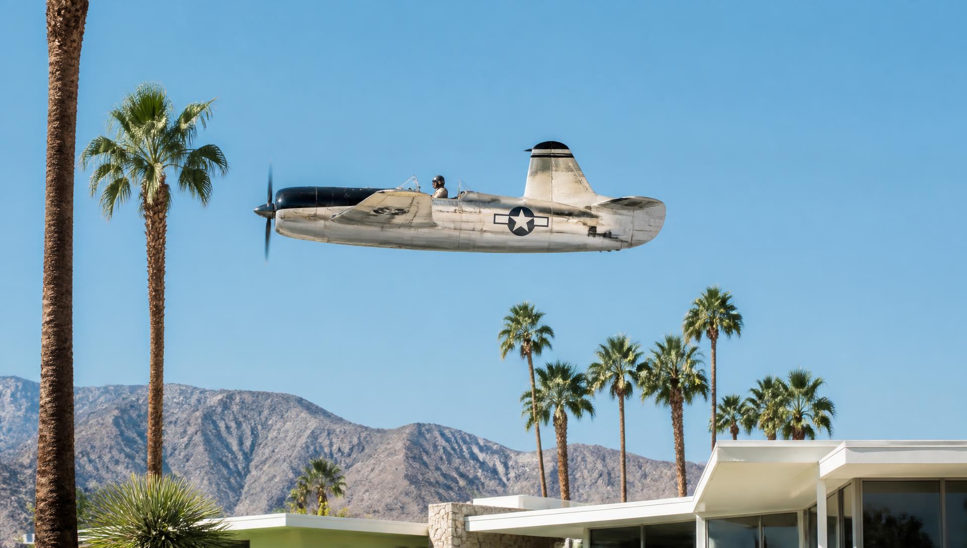 Polished vintage racing aircraft above palm trees in the desert light