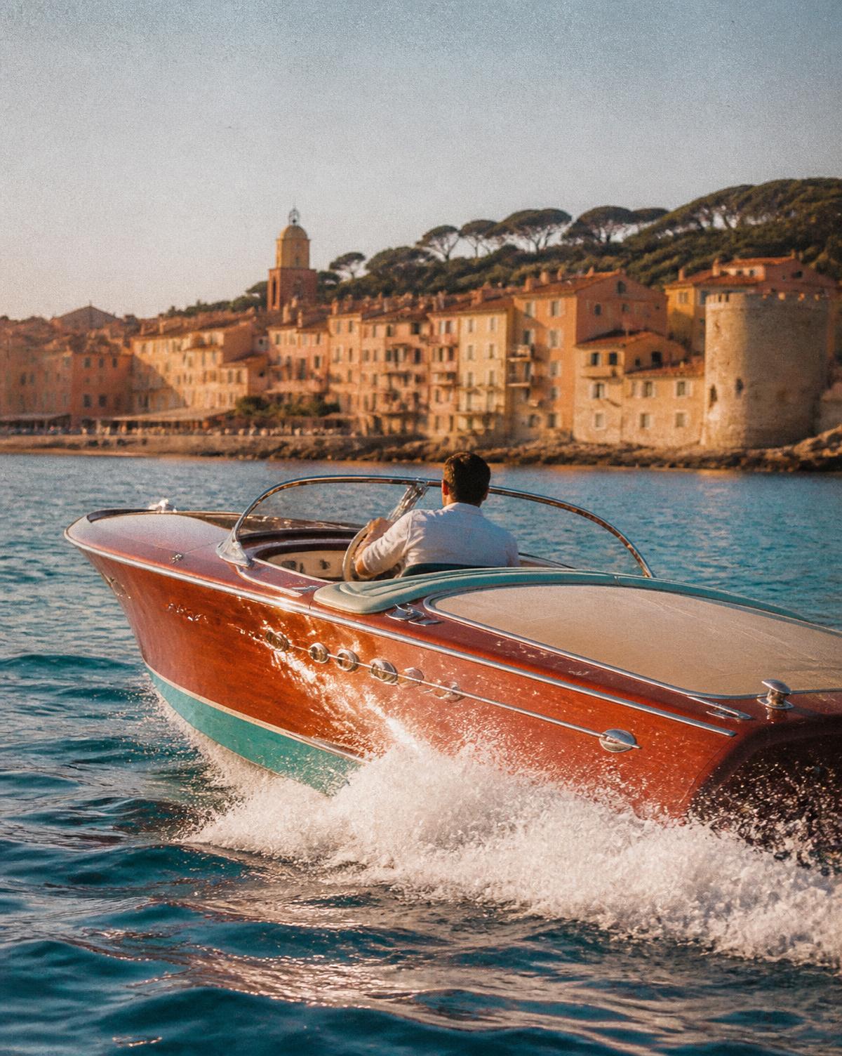 Wooden runabout crossing the bay at Saint-Tropez at golden hour