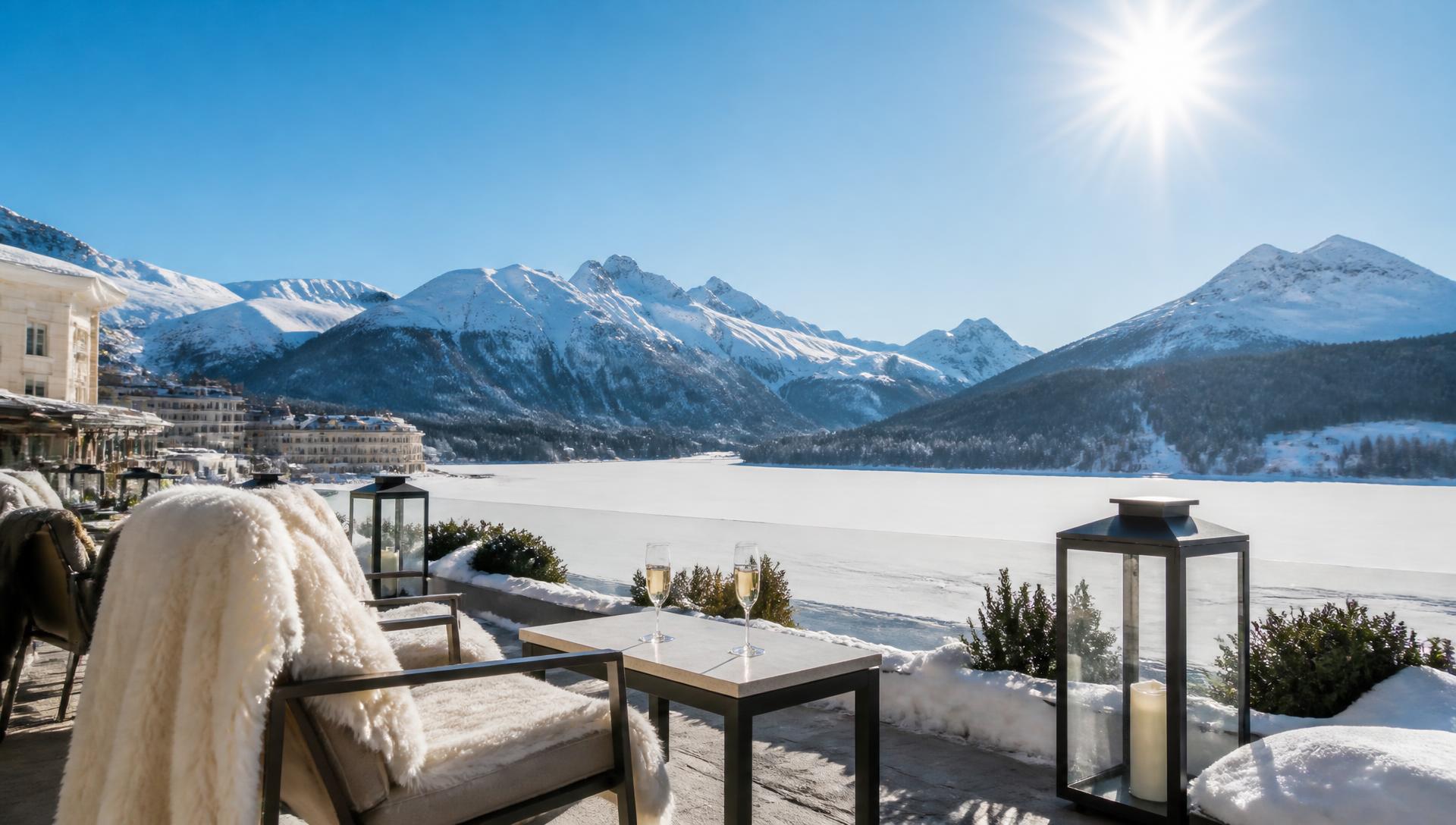 Sun terrace above the frozen lake at St. Moritz under hard blue sky